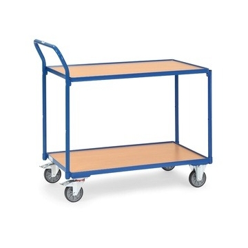 Fetra Tischwagen mit 2 Böden und hochstehendem Griff, 300 kg Tragkraft, RAL 5007 Brillantblau-Ladefläche 1200 x 800 mm