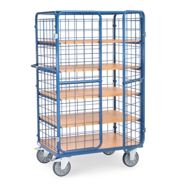 Fetra Etagenwagen mit 3 Böden, 3 Drahtgitterwänden, Dach und Flügeltüren, 600 kg Tragkraft, Höhe 1800 mm, RAL 5007 Brillantblau