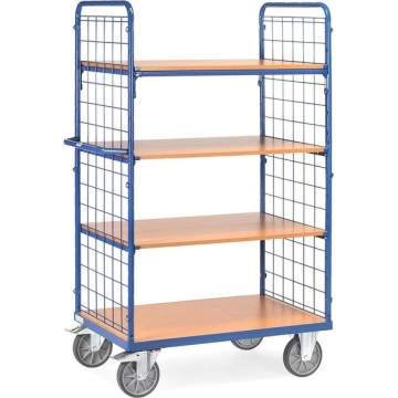 Fetra Etagenwagen mit 4 Böden und 2 Drahtgitterwänden Tragkraft 600 kg Ladefläche 1000 x 600 mm Höhe 1800 mm RAL 5007 Brillantblau